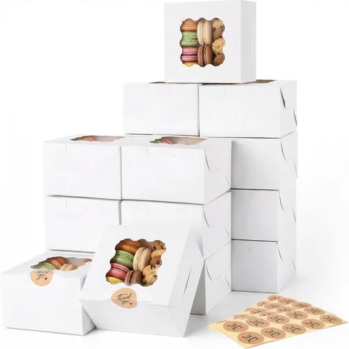 Vista 8 de VGOODALL 15 cajas de galletas, 4 x 4 x 2.4 pulgadas, mini cajas blancas de panadería con ventana para pasteles pequeños, postres, pasteles, donas 15