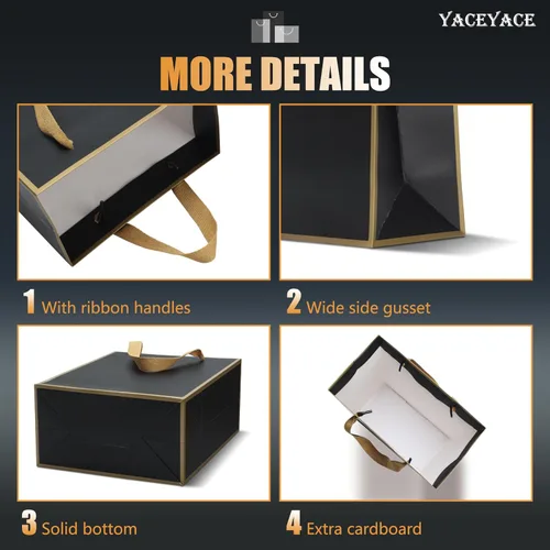 Vista 4 de Bolsas de regalo negras y doradas con asas, 20 unidades de 8 x 4.25 x 10.5 pulgadas Negro dorado