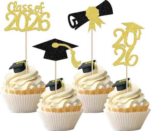 Vista 18 de 30 piezas de decoración para cupcakes de graduación para la clase de 2026 con purpurina brillante para el futuro diploma hecho 2026 Felicidades