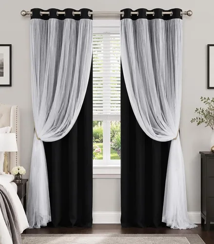 Vista 22 de Beige Blackout Curtains with White Sheer Overlay for Bedroom/Living Room