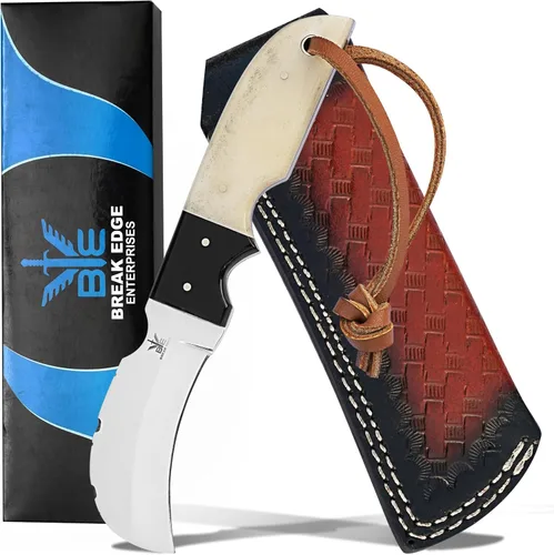 Vista 25 de Cuchillo de Hawkbill de Lineman hecho a mano de acero 1095 con funda de cuero, cuchillo de utilidad resistente para electricistas y pelado de cables