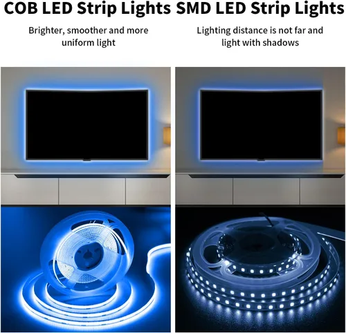 Vista 5 de Tira de Luz LED COB Azul, 16.5 pies / 5M 8mm / 0.3 Pulgadas 12V, Tira de Luz LED 1600 Brillante Azul con Adaptador de Corriente, Tira de Luz LED COB