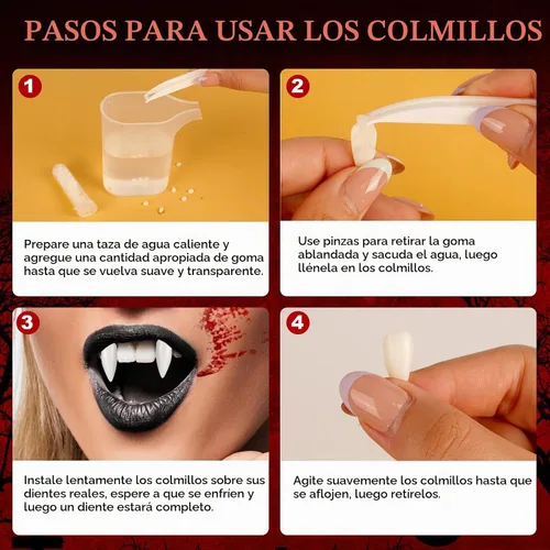 Vista 4 de Kit de colmillos falsos de sangre y dientes de vampiro, fiesta de Halloween, cosplay de vampiros