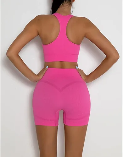 Vista 5 de MANON ROSA Trajes de yoga para mujer, sin costuras, conjunto de 2 piezas, leggings cortos, brasier deportivo, ropa de entrenamiento, ropa deportiva
