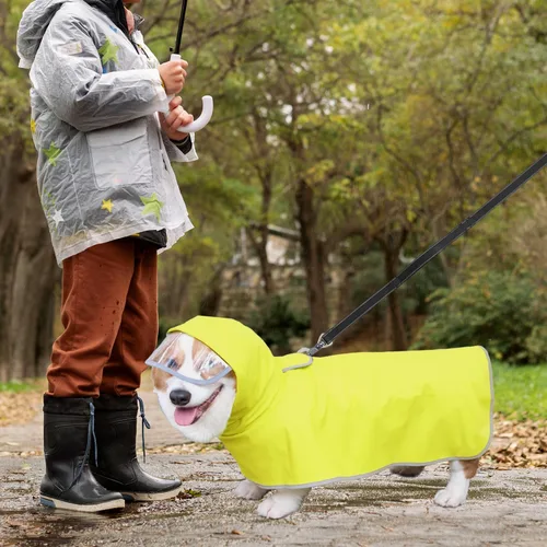 Vista 7 de Impermeable para perros con capucha, poncho deslizante – Chaqueta impermeable reflectante ligera para mascotas, impermeable con correa ajustable