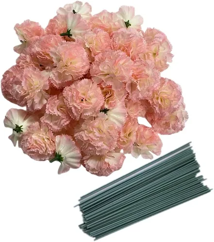 Vista 7 de Rikyo Juego de 50 cabezas de flores de clavel de seda artificial con tallos, rellenos de jarrón, cabezas de flores de caléndula para decoración