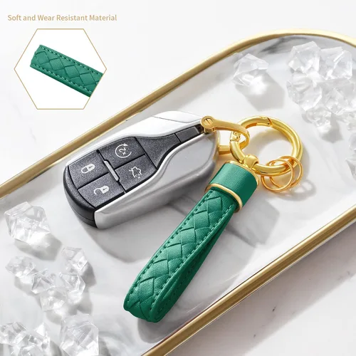 Vista 2 de Gkeygo Llavero de cuero para automóvil, llaveros tejidos hechos a mano para mujeres y hombres, soporte universal para llavero con rotación de 360