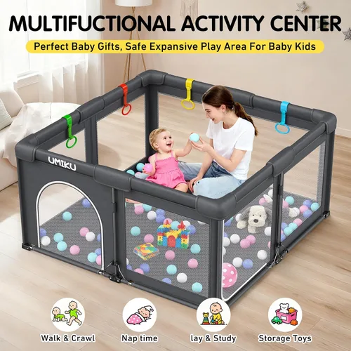 Vista 7 de Corralito plegable para bebés y niños pequeños, corralitos grandes portátiles con 2 puertas, patio de juegos para niños, valla para interiores