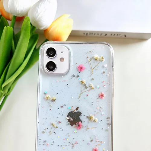 Vista 4 de LSEEKA Funda transparente para iPhone 11 con diseño de flores prensadas reales, linda y brillante, patrón floral rosa, funda protectora delgada