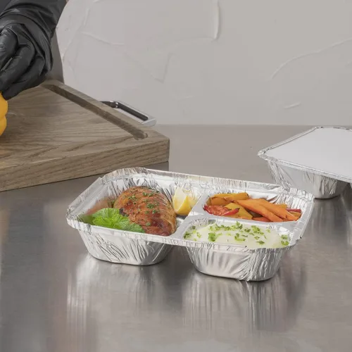 Vista 4 de Restaurantware Foil Lux - Recipientes de aluminio para alimentos de 23 onzas, 100 bandejas rectangulares de aluminio, tapas se venden por separado