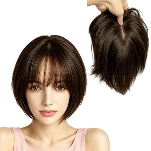 Vista 19 de Peluca de cabello humano para mujer con flequillo, peluca con clip para cabello fino + base de cuero cabelludo de poliuretano de alta densidad