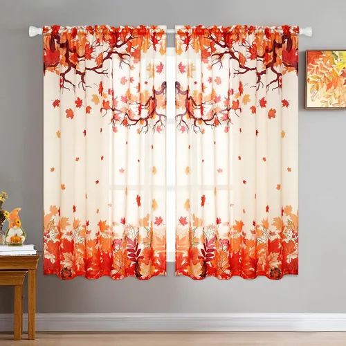 Vista 2 de FRAMICS Cortinas traslúcidas de otoño de Acción de Gracias para sala de estar, cortinas de hojas de arce que caen, 2 paneles de cortinas de gasa