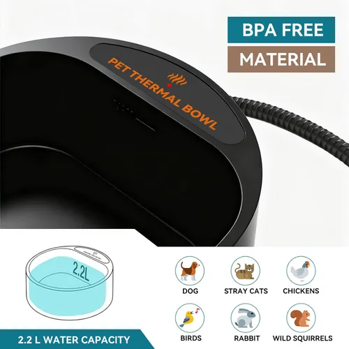 Vista 4 de Tazón de agua para perros con calefacción para exteriores, sin congelación, con cuerda resistente a mordiscos, 0.58 galones, Negro