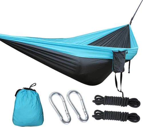 Vista 32 de Hamaca doble ajustable de capacidad de 550 libras con soporte de acero resistente de 10 pies, incluye funda de transporte portátil, fácil de Azul