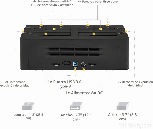 Vista 4 de StarTech Estación de acoplamiento de disco duro USB 3.0 a SATA de 4 bahías, base para disco duro USB, estación de acoplamiento externa SATA III
