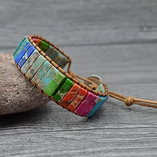 Vista 3 de COLORFUL BLING Pulsera de cuero de chakras, hecha a mano, con girasol, flor de piedra real, el árbol de la vida, pulseras de yoga curativo, tejido