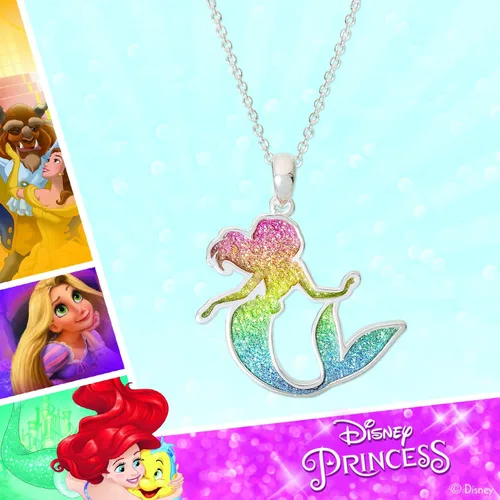 Vista 4 de Disney Jewelry for Women, Little Mermaid Ariel Silver Plated Necklace Pendants, Rainbow Crystal, Rainbow Glitter, Crystal Seashell Accents, 18