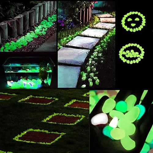 Vista 3 de Piedras brillantes moradas que brillan en la oscuridad, piedras luminosas para plantas de decoración de aceras, guijarros de plástico brillantes