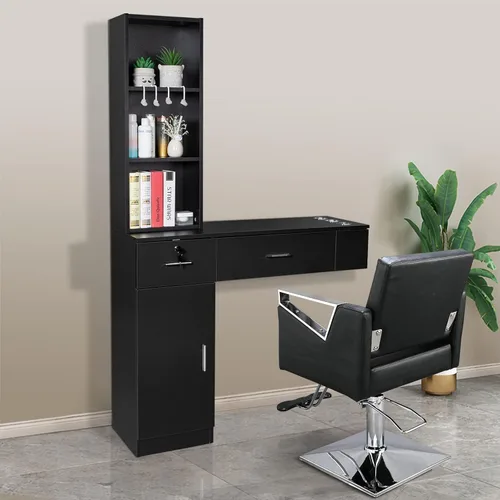 Vista 8 de OmySalon Estaciones de peluquería de montaje en pared, estaciones de salón para estilistas, juego de equipos de peinado con un gabinete de Negro
