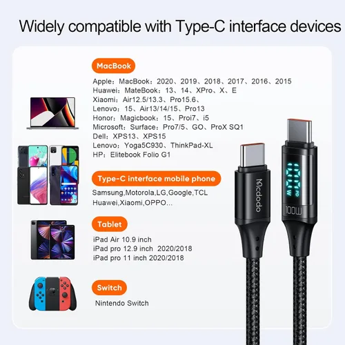 Vista 6 de Mcdodo Cable USB C tipo C de carga rápida de 4 pies con medidor de potencia digital de 100 W, cable trenzado de nailon para iPhone 15/15Pro/iPad