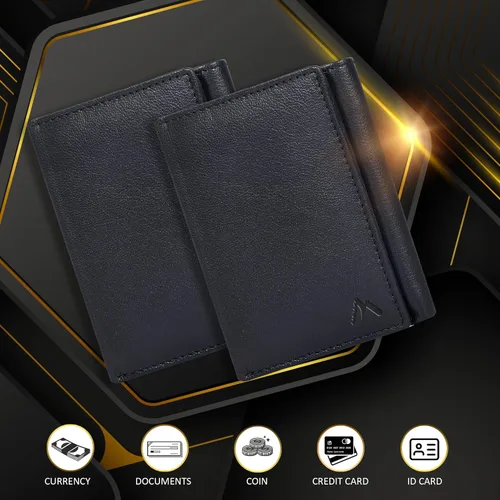 Vista 45 de Cartera de cuero RFID hecha a mano para hombres, elegante cartera de bolsillo frontal triple con 2 ranuras para identificación y 9 tarjetas, Azul