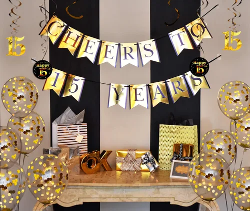 Vista 3 de Paquete de decoración para fiesta de 15 cumpleaños y aniversarios – Banner, Globos, remolinos y confeti suministros para fiesta