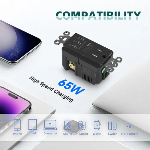 Vista 4 de TOPELER Tomacorriente USB de pared negra, tomacorriente USB de carga ultrarrápida GaN de 65W para laptop, receptáculo resistente a manipulaciones