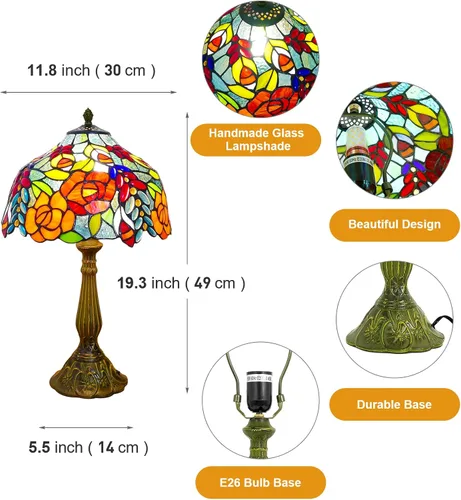 Vista 4 de Tiffany - Lámpara de mesa estilo rosas multicolor, lámpara de mesa con vitrales de 12 pulgadas de alto de 19 pulgadas, mesita de noche, mesita