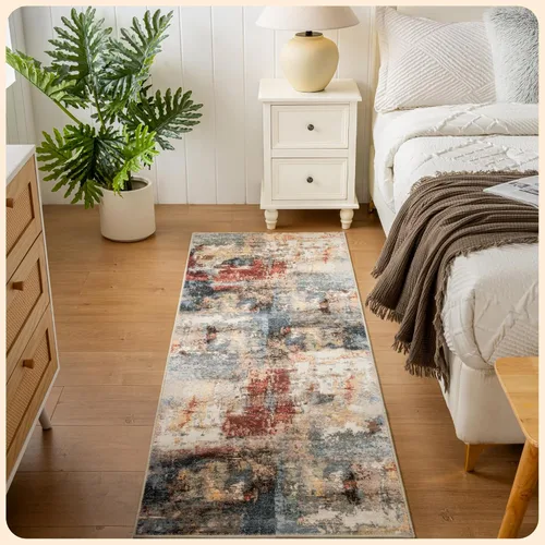 Vista 207 de Istana Alfombra larga antideslizante de 2.5 x 8 para el hogar, para pasillo y cocina, lavable, sedosa y suave al tacto, elegante, color azul y marfil
