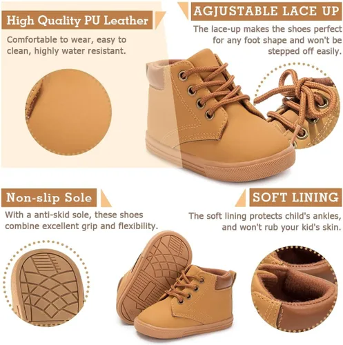 Vista 2 de Casazoe Botas casuales de cuero para niños y niñas, zapatos de vestir para exteriores, con cordones, suela de textura antideslizante, mocasines