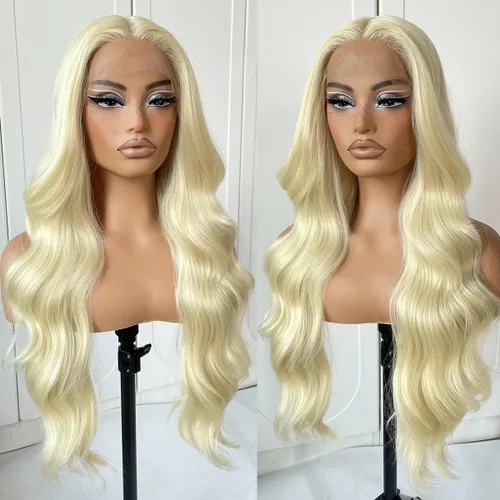 Vista 16 de #27 Peluca de encaje frontal rubia miel sin pegamento, onda corporal, pelucas de encaje frontal sintéticas prediseñadas, con línea de cabello