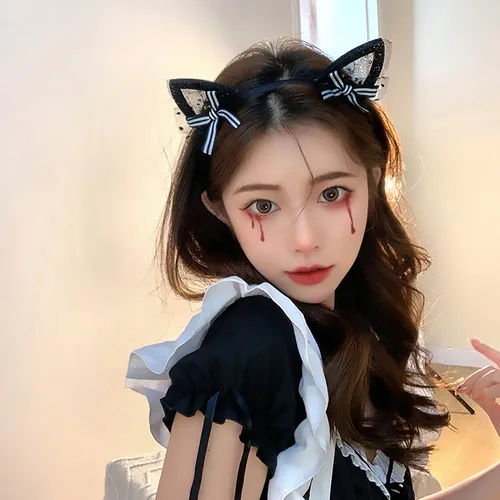 Vista 3 de Bonnie Z. Leonardo Diadema gótica con orejas de gato 2023 con lazo para fiesta para mujer