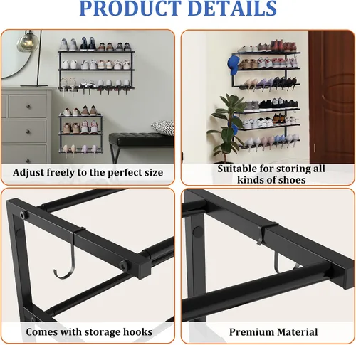 Vista 7 de Zapatero para montar en la pared, zapatero colgante de 3 niveles con capacidad para 12 pares, organizador de zapatos de metal resistente ajustable