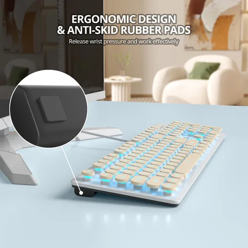Vista 4 de Teclado de máquina de escribir retro con cable, teclado silencioso de computadora iluminado con 104 teclas redondas de tamaño completo, Azul