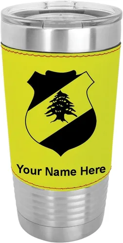 Vista 10 de LaserGram 20oz Vacuum Insulated Tumbler Mug, Coat of Arms Lebanon, Personalized Engraving Included (Faux Leather, Baseball Style)