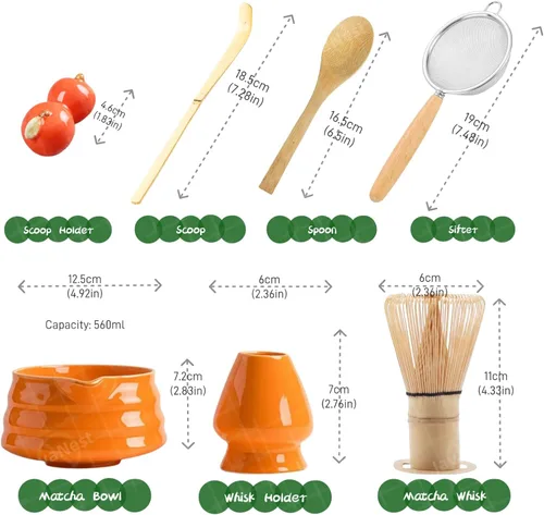 Vista 2 de Juego de té Matcha de 7 piezas con tarjeta de regalo, batidor de bambú de 120 puntas, cuenco de cerámica con boquilla, soporte para batidor