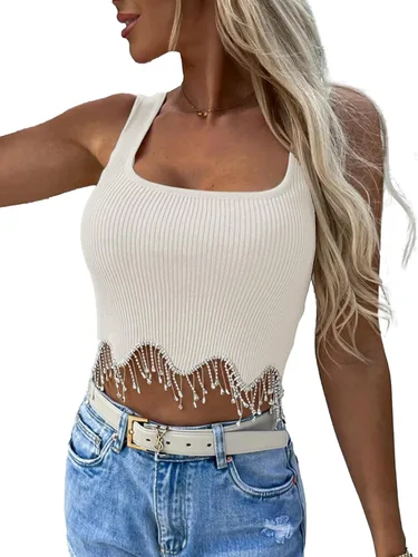 Vista 4 de LYANER Camiseta sin mangas con flecos de diamantes de imitación para mujer, cuello cuadrado, sin mangas