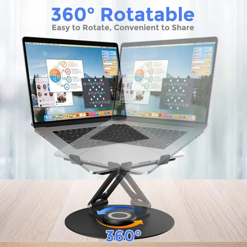 Vista 2 de Soporte giratorio para computadora portátil para escritorio, soporte de computadora de aluminio de altura ajustable con base giratoria de 360