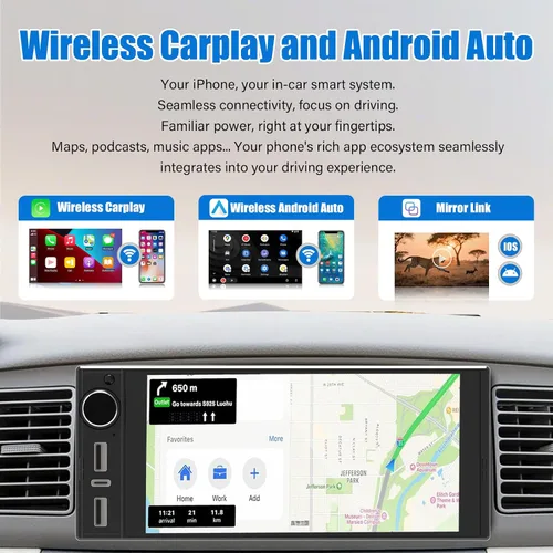 Vista 2 de Estéreo de automóvil DIN único de 6 pulgadas, Apple CarPlay y Android Auto, pantalla táctil IPS, manos libres Bluetooth, enlace espejo, cámara