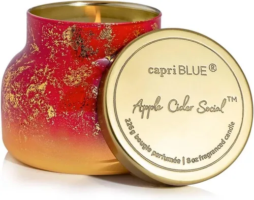 Vista 29 de Capri Blue Glimmer Mini Tin - Vela perfumada a manzana con mini portavelas, mezcla de cera de soja, Capri Blue Apple Cider Social Red and Gold