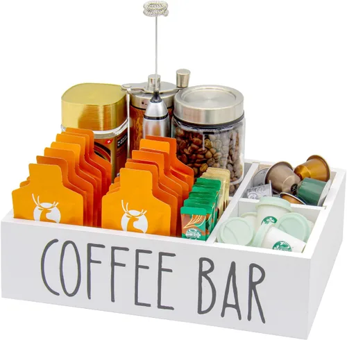 Vista 7 de Bokelai Organizador de barra de café, negro, almacenamiento de accesorios de encimera de madera Removable Dividers, Disposable Cup Holder, Pods