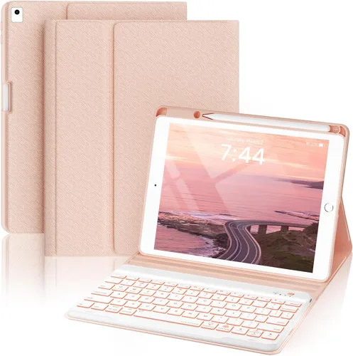 Vista 23 de OYEEICE Funda de teclado para iPad 6ª/5ª generación de 9.7 pulgadas, teclado inalámbrico desmontable retroiluminado de 7 colores, cubierta magnética