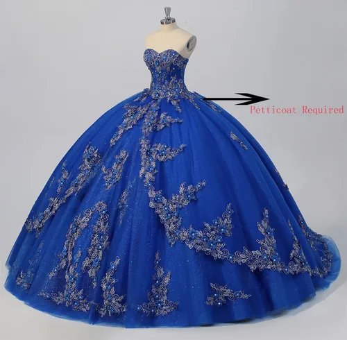 Vista 3 de Vestidos largos de quinceañera para mujer, corsé sin tirantes con apliques florales, vestido de tul con cuentas, Metálico