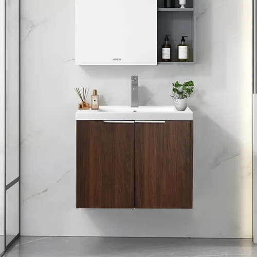 Vista 10 de Juego de tocador de baño de 24 pulgadas con lavabo, juego de armario de baño montado en la pared con lavabo de gel y puerta de gabinete de cierre