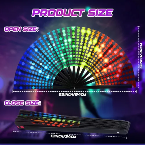Vista 3 de Geetery Abanico grande plegable para rave para mujeres/hombres, fiesta de carnaval, arco iris, patrón de lentejuelas, orgullo, ventilador de mano