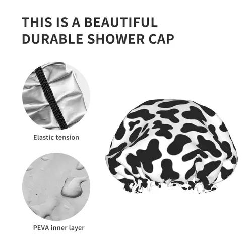 Vista 5 de Gorro de ducha de granja de animales abstractos de piel de vaca en blanco y negro para mujer, doble capa impermeable ajustable, gorra de baño
