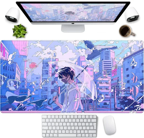 Vista 14 de Linda Alfombrilla de Escritorio de Anime Kawaii, Alfombrilla de Escritorio XXL de Estética Urbana de Anime, Dibujo Lo-fi Japonés/Coreano, Linda