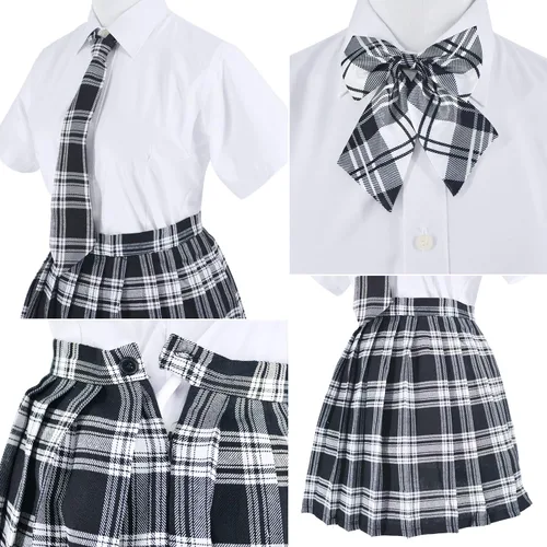 Vista 4 de Uniforme escolar japonés de tartán plisado para cosplay disfraz con calcetines gafas marco conjunto