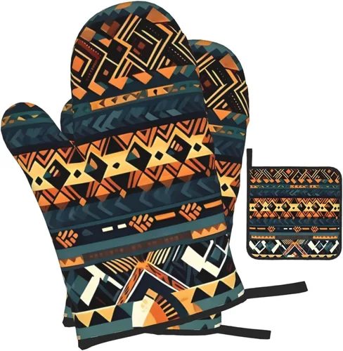 Vista 2 de Juego de guantes de horno y soportes para ollas con textura étnica tribal africana, guantes de cocina y soportes para ollas, juego de 3 piezas