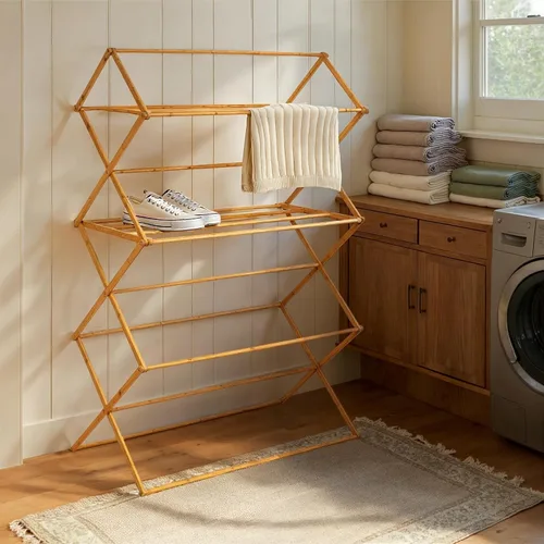 Vista 7 de Household Essentials Estante plegable de secado de ropa de bambú de gran tamaño, estante de lavandería de lujo con 11 clavijas, respetuoso